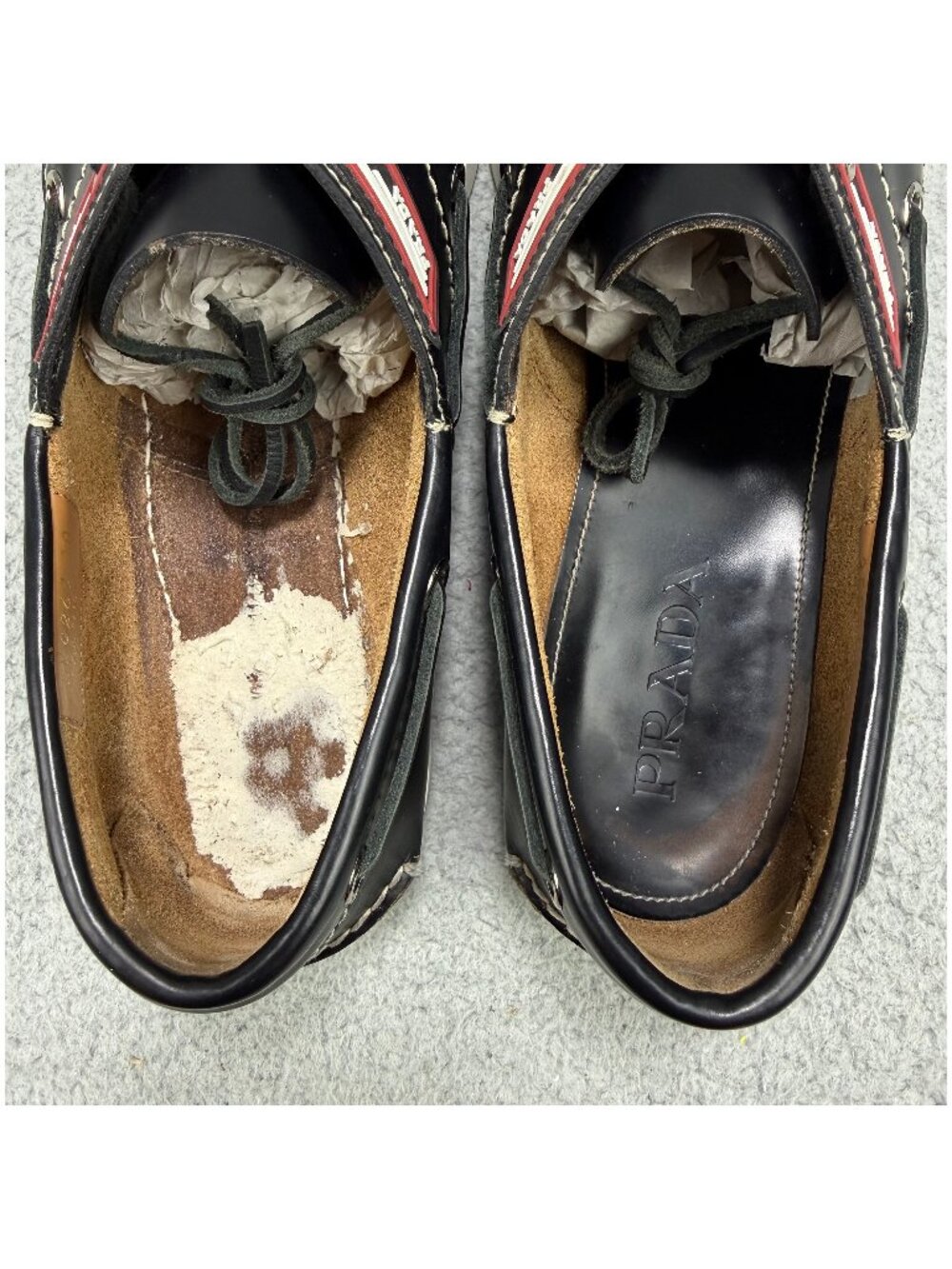 Prada Boat Shoes Men 11 / UK 10 Black Brushed Spazzolato Leather Lace Up Loafers - Picture 11 of 14